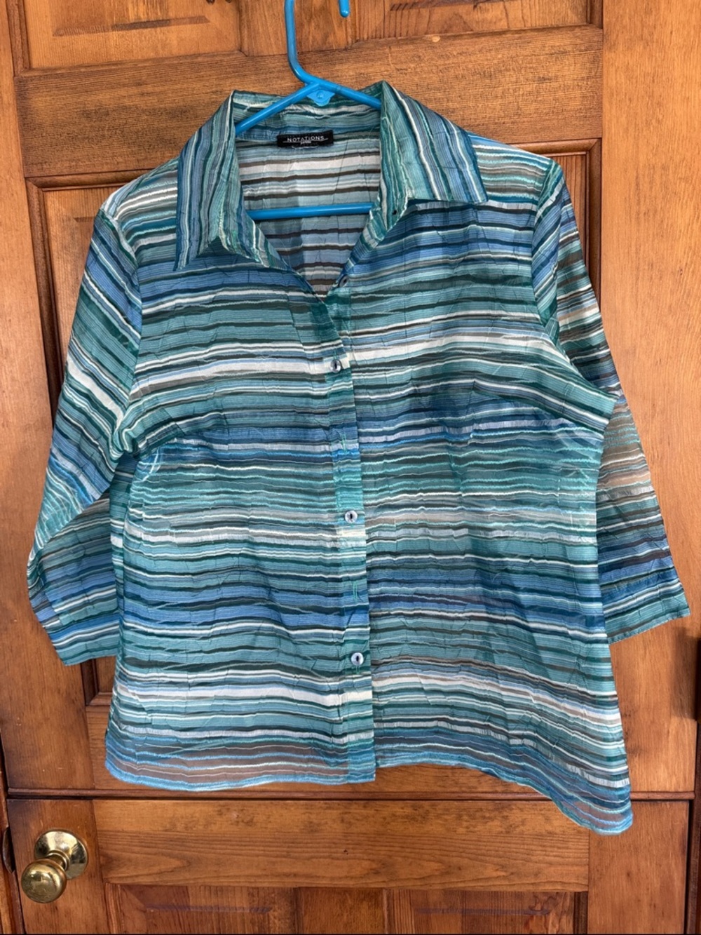Notations Striped Button-Front Blouse in Teal, Blue & White